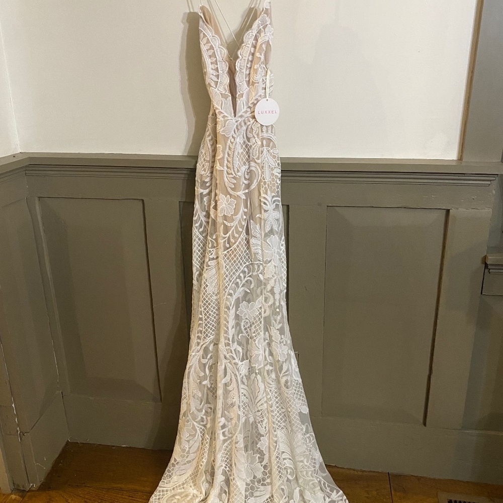 Luxxel Maxi formal dress, nude with lace overlay